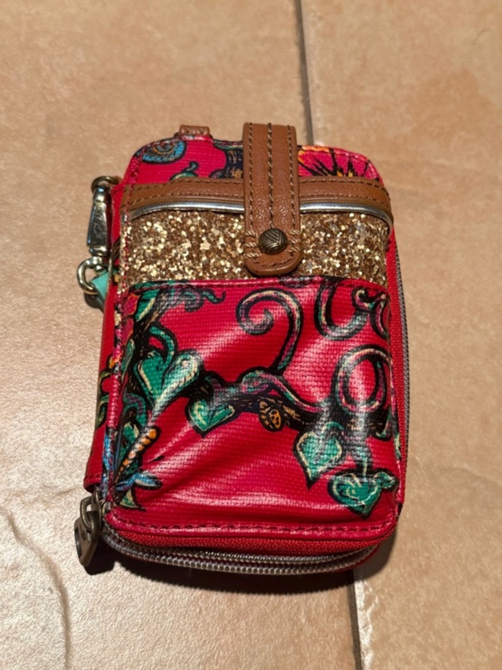 Sakroots Red Floral Wallet with Vine designs and Gold Glitter
